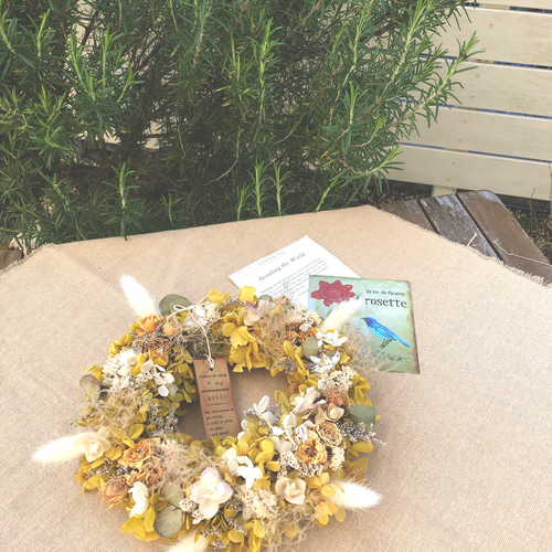 紫陽花ドライフラワーリース＊＊＊アンティークマスタード色 ドライ  