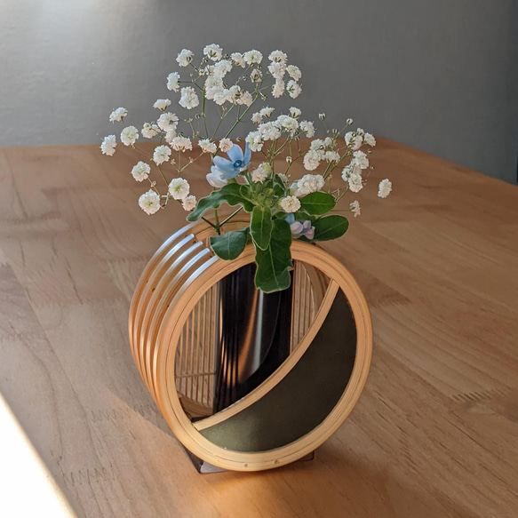駿河竹細工 花器 三日月 フラワーベース レザー グリーン