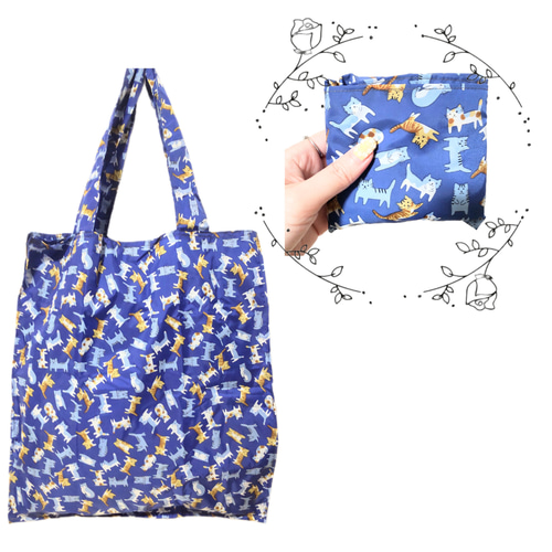 猫柄の撥水エコバッグ（ブルー/大きめサイズ・横マチ） エコバッグ