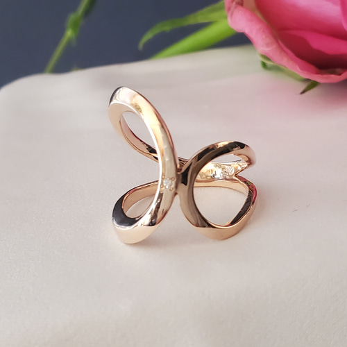 送料無料）ダイヤ付き付き、アシンメトリーピンクゴールドリングRS-83