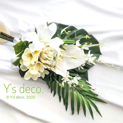 【生花に見える】南国リゾート ウェディングブーケ プルメリア プロテア カサブランカ  結婚式 高級造花 海外 1枚目の画像