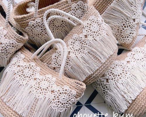 ハンドメイド　ソランちゃん　かごバッグ　マルシェバッグ　本革ベージュ flower crochet bag＊マルシェバッグ かごバッグ かごバッグ