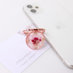 【小さなブーケ pink 】スマホリング 押し花 ブーケ リボン かすみ草 ゴールド 白 大理石 シェル 貝 小花 6枚目の画像