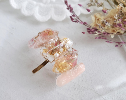 ピンク〙鉱石フラワー レジン 水中花アーチポニーフック♡ ドライ