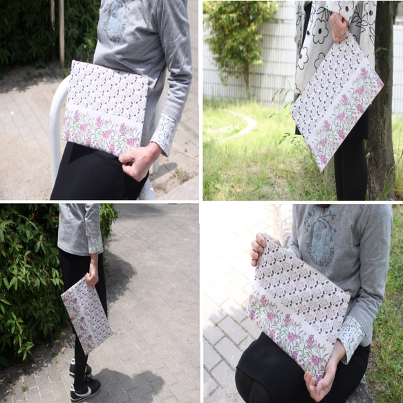 タブレットやノートが入る◎フランス製生地の花柄　A4サイズポーチ 4枚目の画像