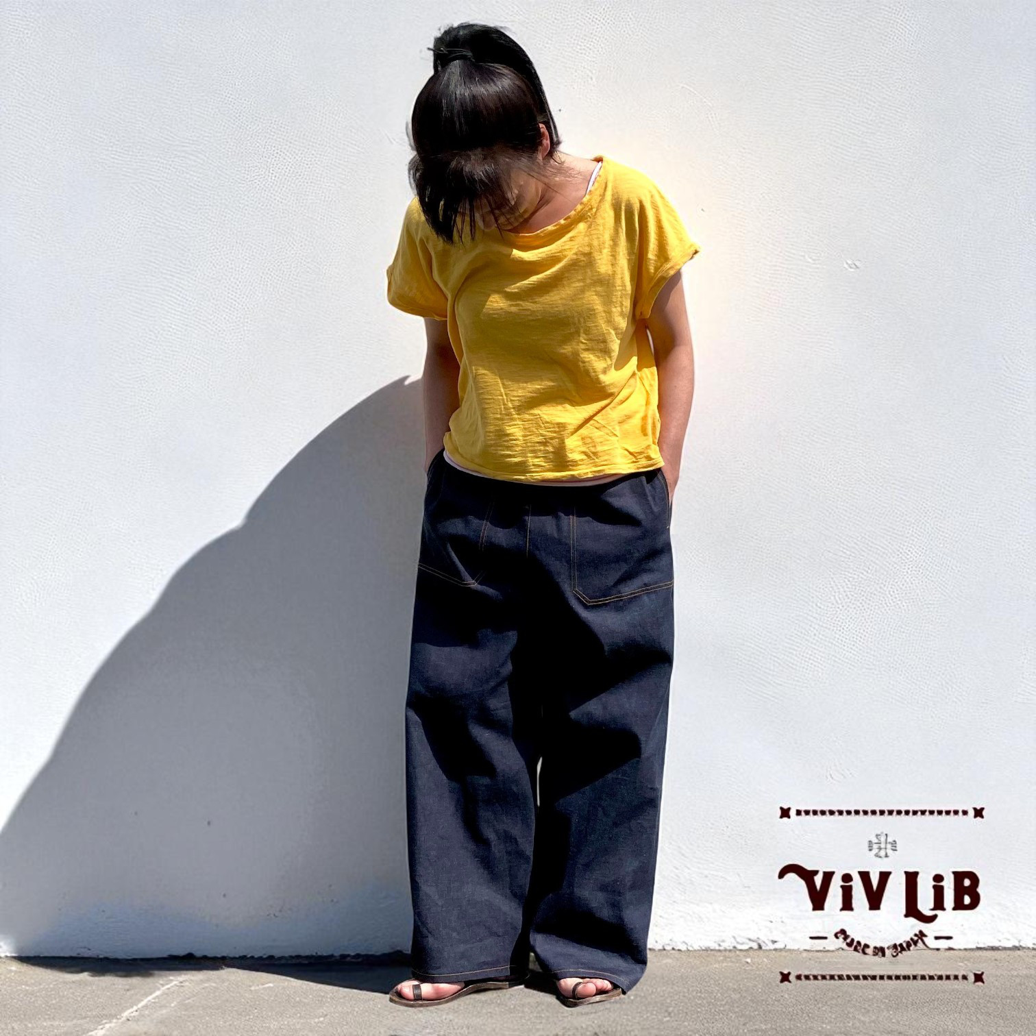 男女兼用/オレンジステッチ/岡山セルビッジデニム ワイドイージーパンツ