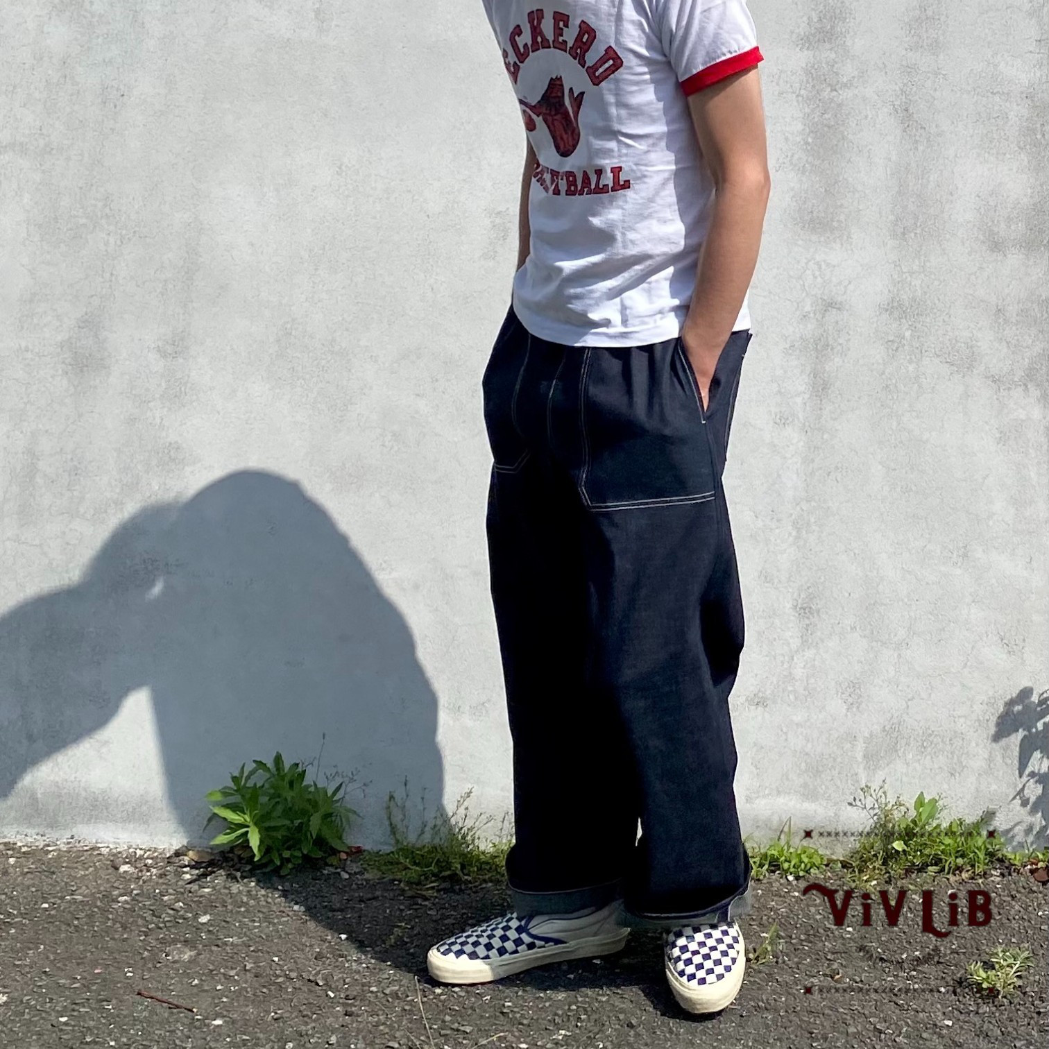 男女兼用/白ステッチ/岡山セルビッジデニム ワイドイージーパンツ