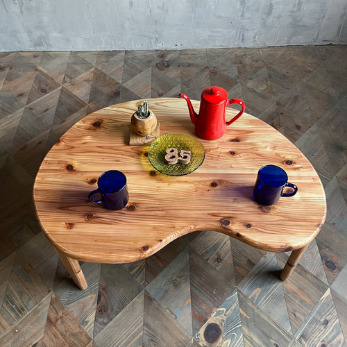 ビーンズローテーブル】80×60cm 豆型 折りたたみ脚 ローテーブル 無垢