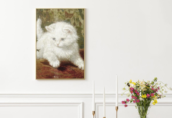 【NO.143】白い子猫絵画のアートプリントポスター☆癒し可愛いお洒落動物ネコ油絵☆2L版A4A3A2A1B4B3B2 11枚目の画像