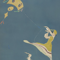 【NO.145】凧あげする女性と子犬アートポスターおしゃれレトロヴィンテージ絵画アンティーク☆A3A2A1B5B4B3 2枚目の画像