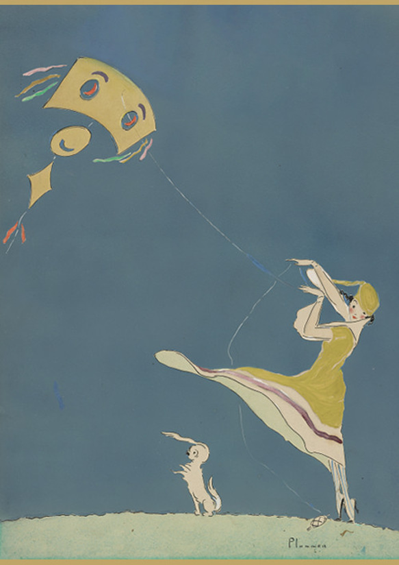 【NO.145】凧あげする女性と子犬アートポスターおしゃれレトロヴィンテージ絵画アンティーク☆A3A2A1B5B4B3 2枚目の画像