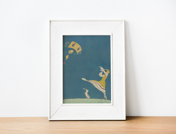 【NO.145】凧あげする女性と子犬アートポスターおしゃれレトロヴィンテージ絵画アンティーク☆A3A2A1B5B4B3 6枚目の画像