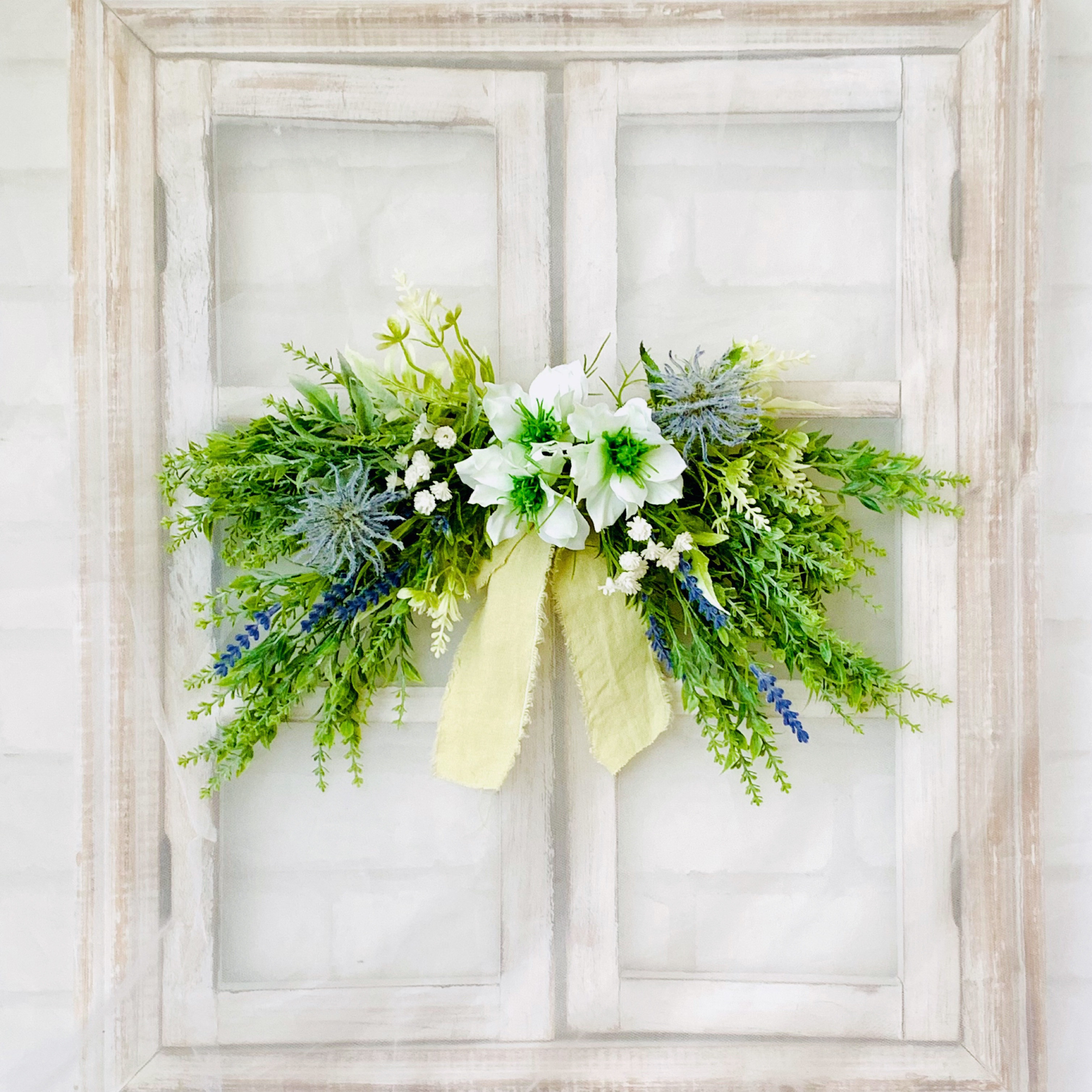 夏リース　ニゲラのスワッグ　壁飾り　ナチュラル　爽やかリース　ラベンダー