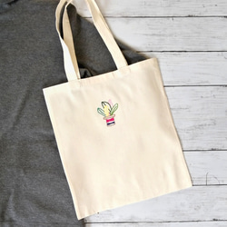 【手刺繍】カラフルな観葉植物　ショルダーバッグ　トートバッグ　生成り　 2枚目の画像