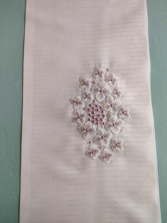 刺繍半衿　紫陽花とラインストーン雫　絽 3枚目の画像