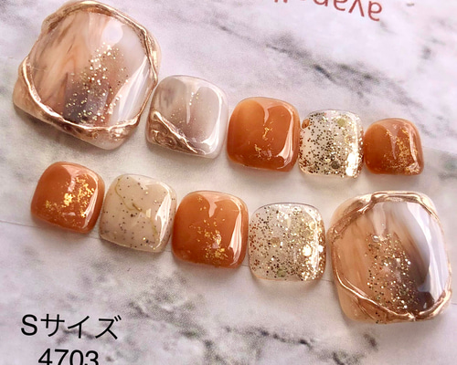 ゴールド スティレット ネイルチップ 10本 ペディキュア 10本 現品 4703 オレンジ ブラウン ゴールド ラメ フット