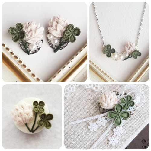 マスクにも】 クローバーのミニブローチ （ つまみ細工＊受注制作