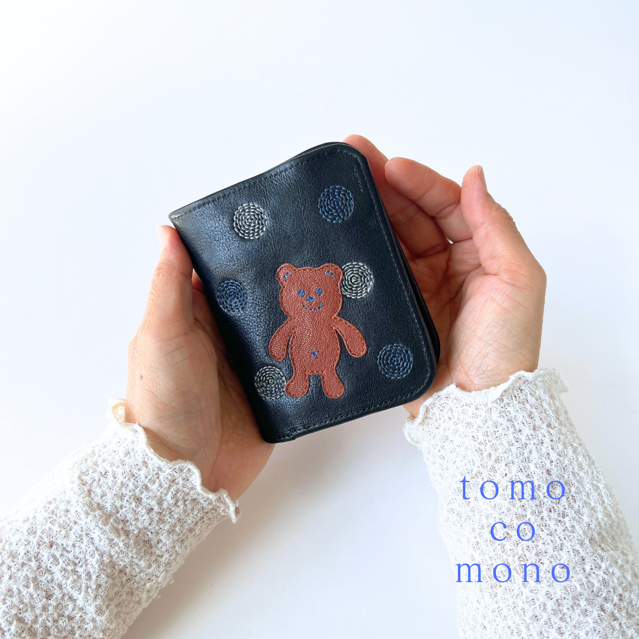 刺繍革財布『SHABON＆bear』BLACK（牛革）二つ折りミニ財布☆