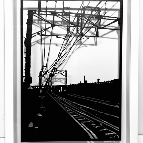 切り絵「線路」ハガキ〜A4サイズ/モノクロ/風景 切り絵