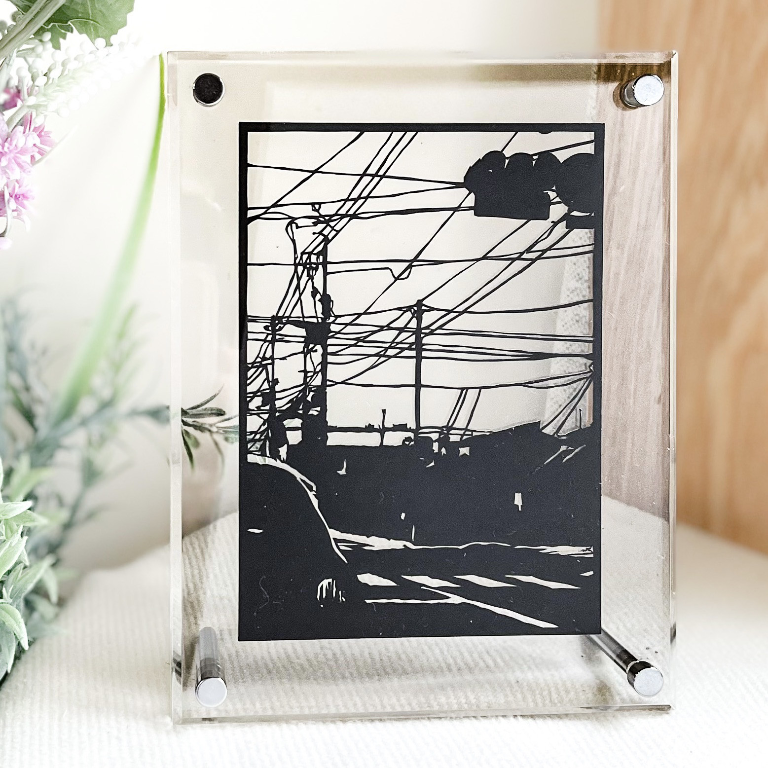 製作日数半年ビックサイズ・切り絵  お値段交渉致します！ 切り絵「電線」ハガキ〜A4サイズ/モノクロ/風景 切り絵