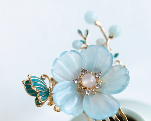 天然石☆お花ビーズ3連＊タッセル＊かんざし 天然石☆お花ビーズ3連