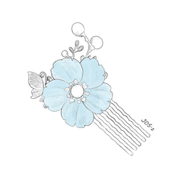 天然石のアクアマリンのお花と蝶のヘアコーム かんざし　　簪 ヘアアクセサリー　青い花 3枚目の画像