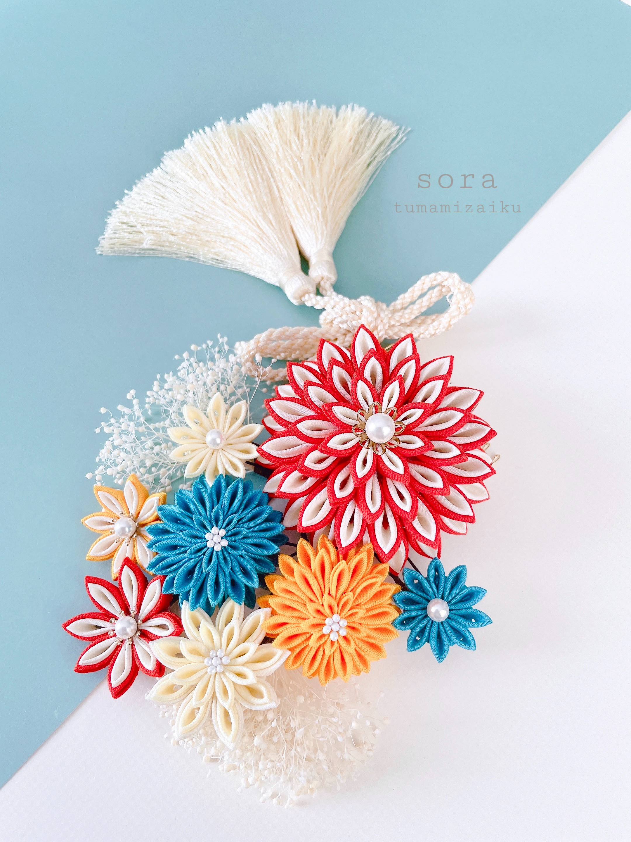 つまみ細工　髪飾り　＊和モダン　オレンジ×ターコイズブルー＊ 成人式　卒業式　結婚式
