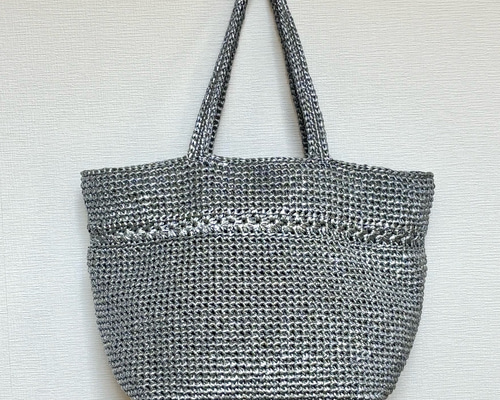 スズランテープ 手編み 大容量トートバッグ｜シルバー｜軽い 春夏