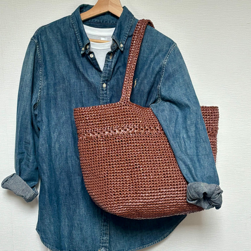 スズランテープ 手編み 大容量トートバッグ｜ブラウン｜軽い 春夏