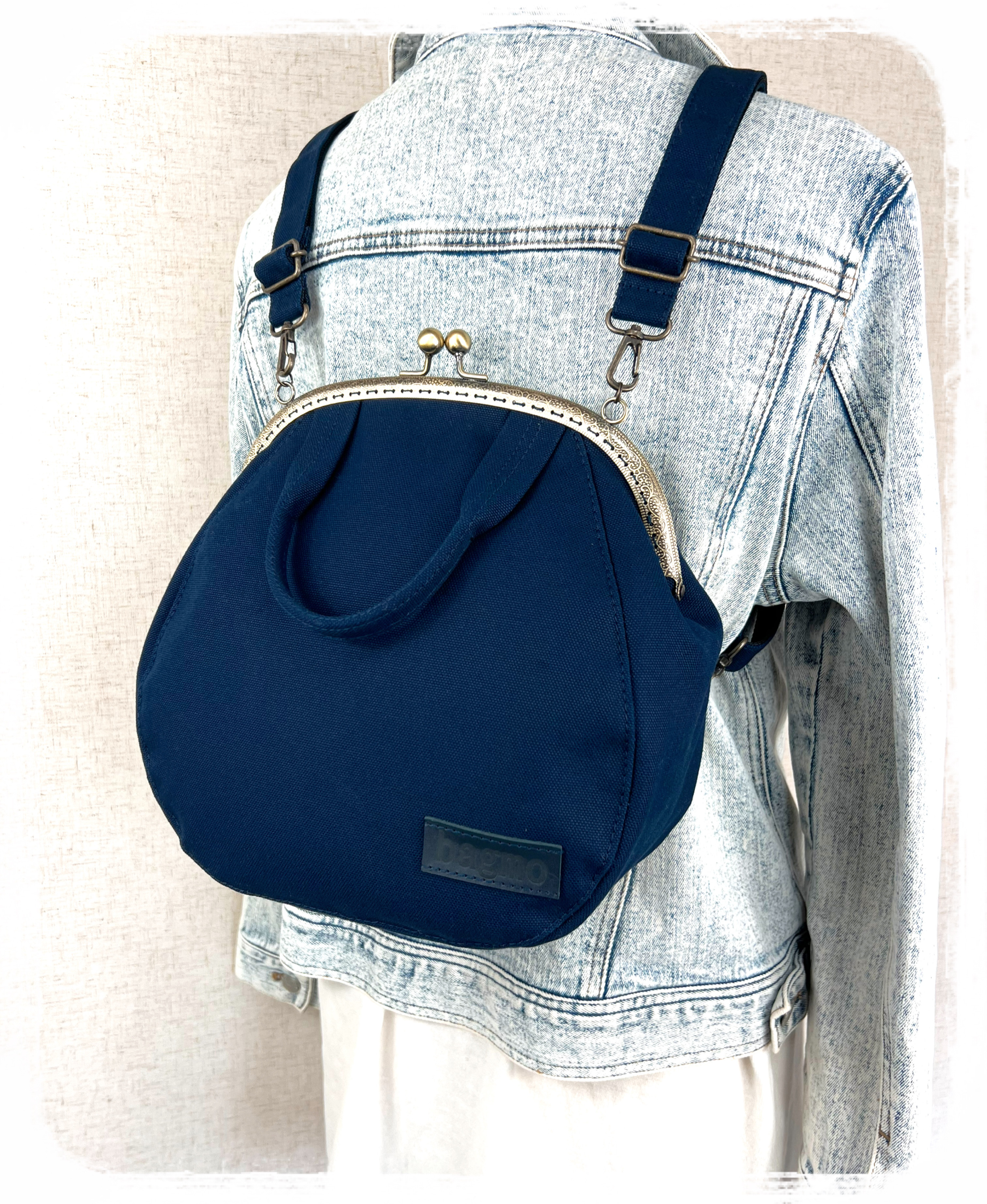 27.受注制作/送料込 3waybag ネイビー25cmがま口リュック&ショルダー＆ボストン 6,545円