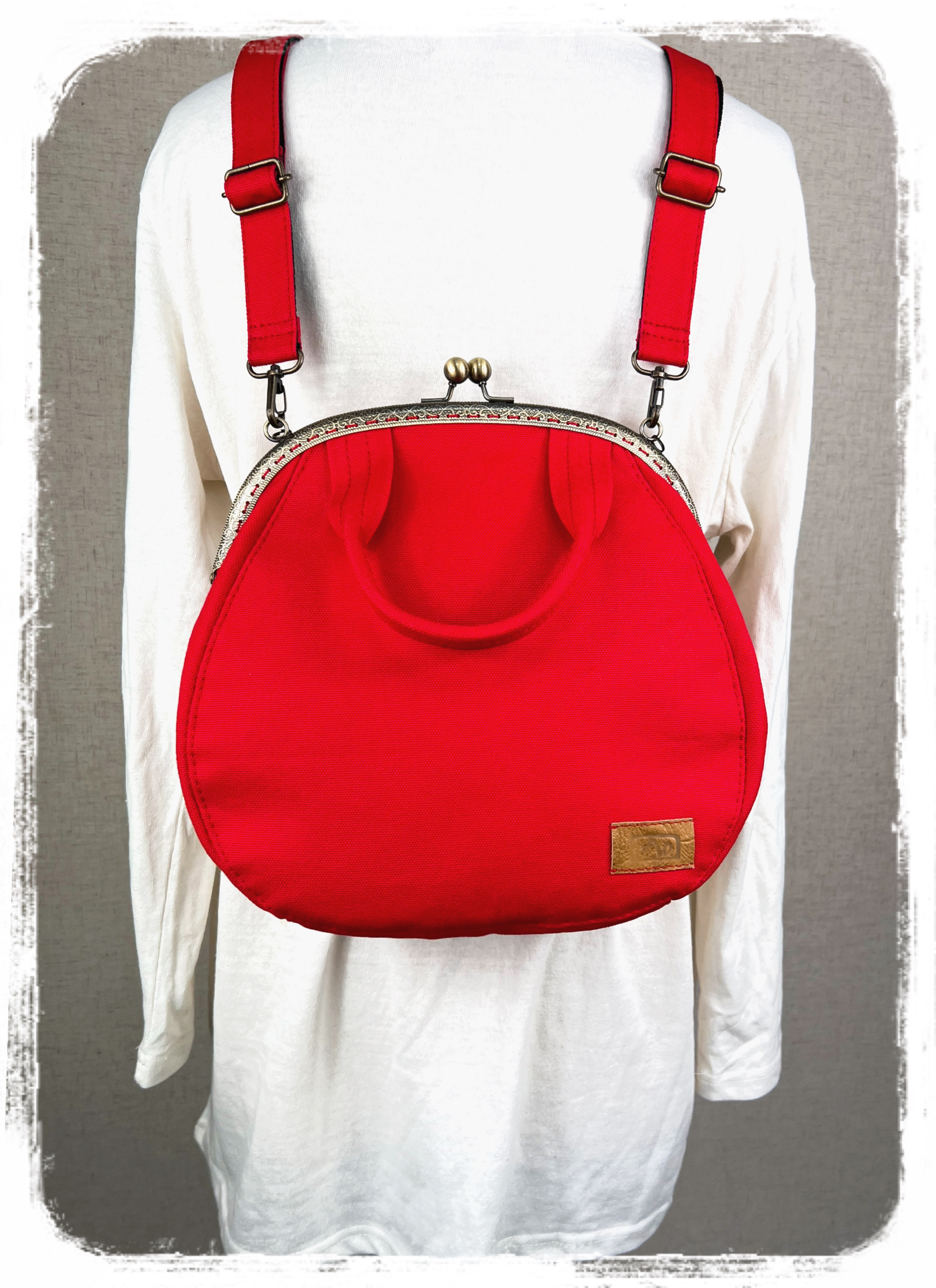 28.受注制作/送料込 　3waybag 赤25cmがま口リュック&ショルダー＆ボストン