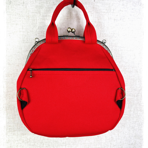28.受注制作/送料込 3waybag 赤25cmがま口リュック&ショルダー