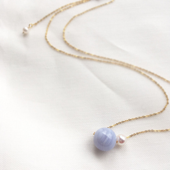 【K14GF】暖藍蕾絲瑪瑙（天藍條紋瑪瑙）加Akoya珍珠項鍊 第2張的照片