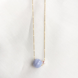 【K14GF】暖藍蕾絲瑪瑙（天藍條紋瑪瑙）加Akoya珍珠項鍊 第3張的照片