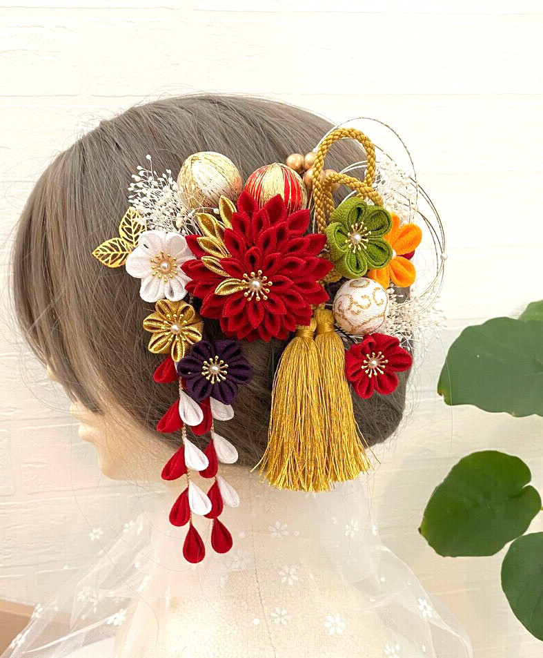 つまみ細工　髪飾り【晴】×赤卒業式　卒業式髪飾り　袴　水引き　成人式用髪飾り　和装　結婚式　ヘアアクセ　色打掛 成人式