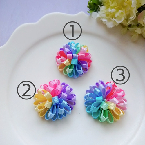 二個セット虹色たんぽぽリボン レインボーカラーが珍しい☆ ヘアゴム