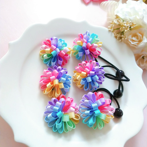 二個セット虹色たんぽぽリボン レインボーカラーが珍しい☆ ヘアゴム
