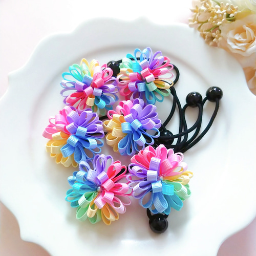 ふりふりハート虹色リボン♡ヘアゴム♡ツイン ふりふりハート虹色リボン♡ツイン♡ヘアゴム ふりふりハート虹色リボン