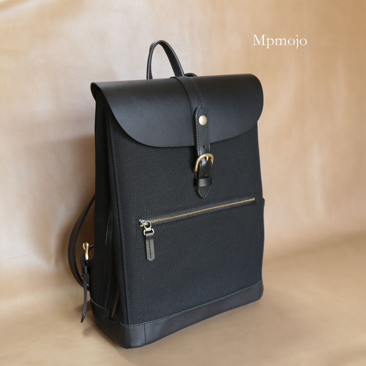 大人の帆布＆レザートリム　ミニ　スリムリュック　Black AT A4 超軽量