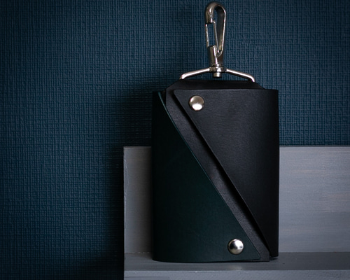 本革スマートキーケース(2つ収納)【ブラック×グリーンブルー)】 キー