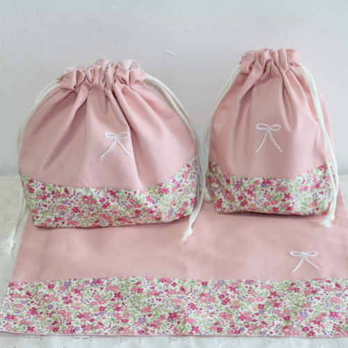 オーダー ③ ランチョンマット 巾着袋 給食袋 リボン さくらんぼ