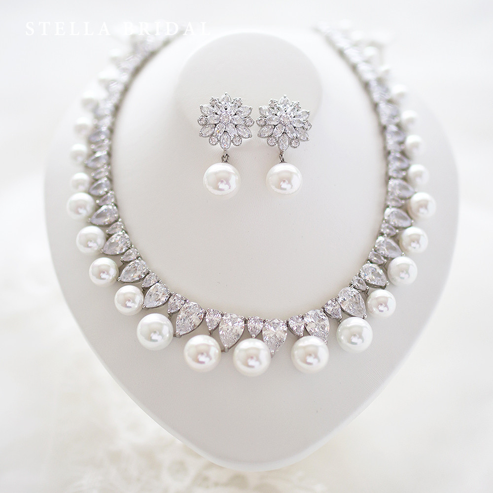 キュービックジルコニア ウェディングジュエリーセット クラシックエクラ&コラレット / ネックレス・イヤリングorピアス