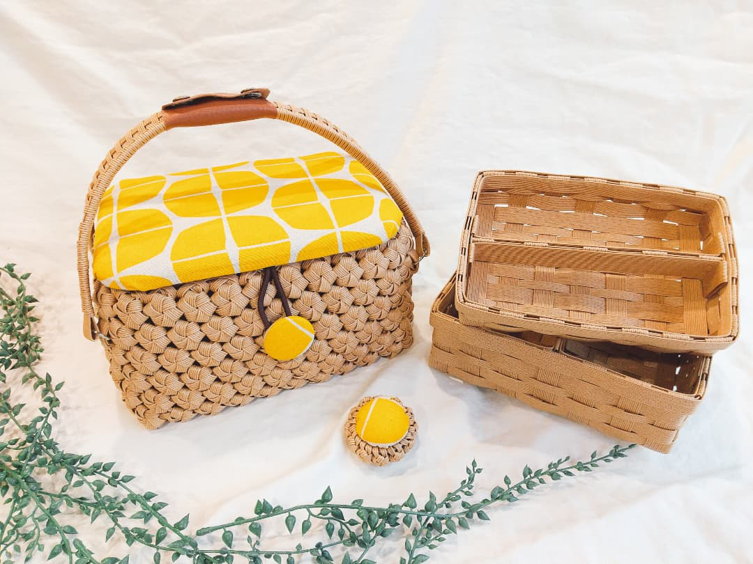 「受注製作」ミディアムサイズ 花結び裁縫箱 【クォーターサークルイエロー】針刺し付