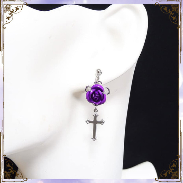 玫瑰玫瑰十字架十字架紫紫銀銀耳環雙耳哥特式哥特式洛麗塔角色扮演萬聖節 第2張的照片