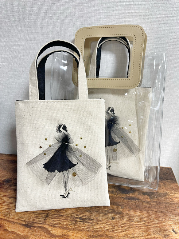 【新作】手刺繍トートバッグ「Lily」クリアバックセット【受注製作】 6枚目の画像