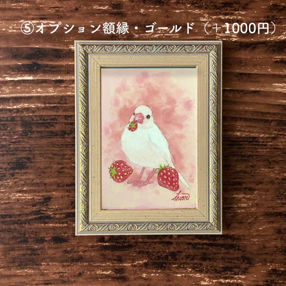 ミニ日本画　イチゴ文鳥　/鳥の絵画 15枚目の画像