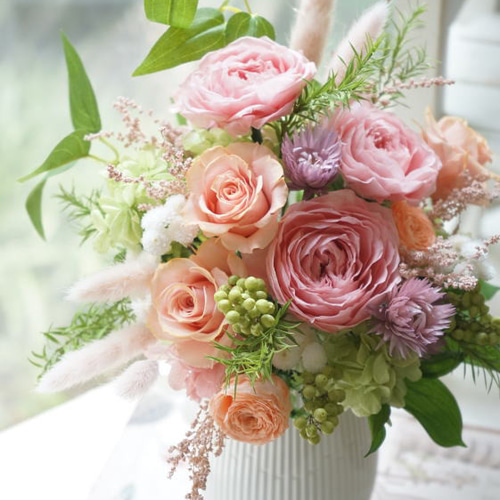 サーモンピンクローズのアレンジ プリザーブドフラワー