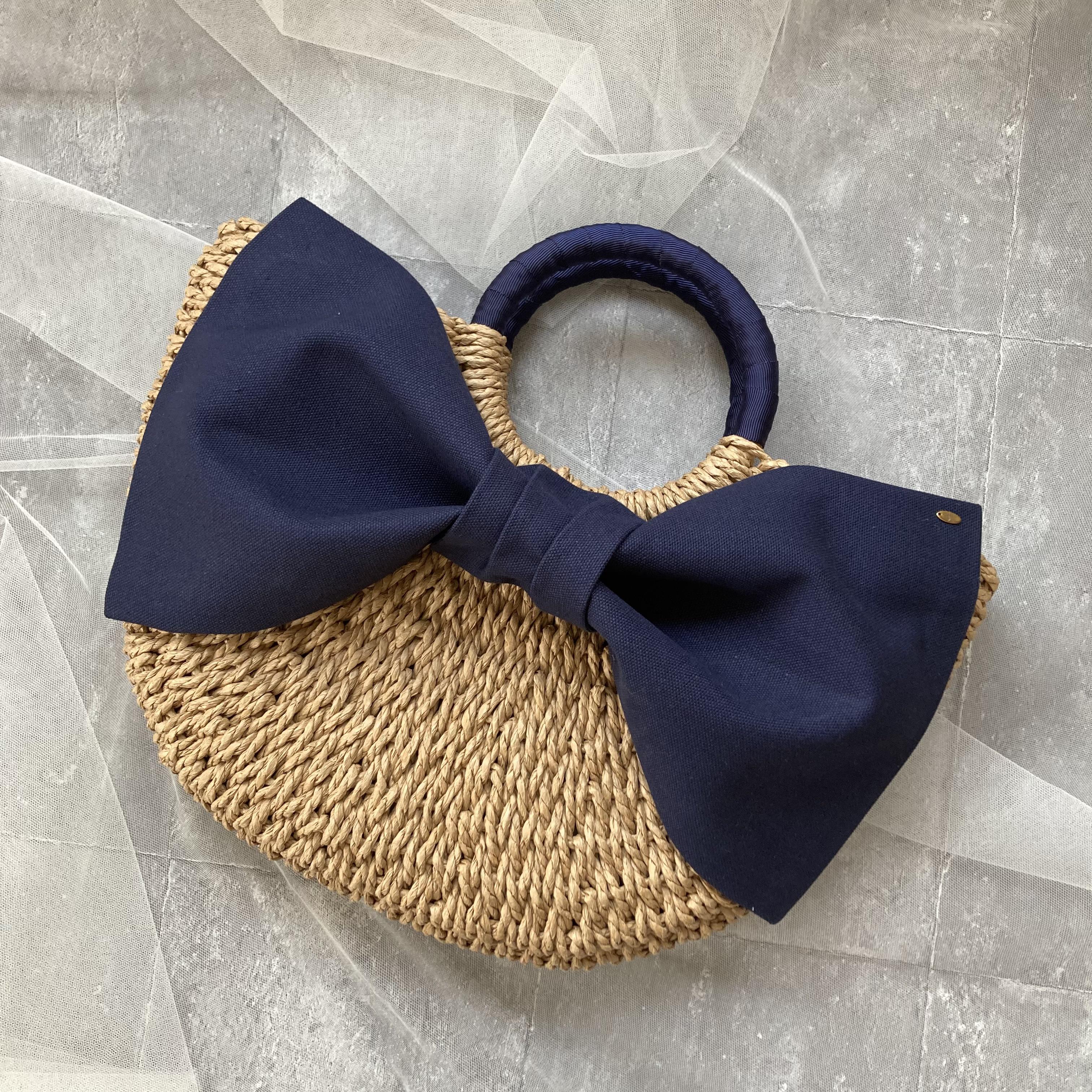 大きいリボンがかわいい♡カゴ風バッグ　ネイビー　My name bag リボンカゴバッグ　リボンバッグ