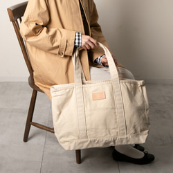 帆布手提包，栃木皮革，有口袋，通勤上班，上學，旅行，大容量，大角板，自然色 KT006 第2張的照片