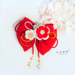 和風リボンの髪飾り 七五三 ひな祭り 和花リボン 赤 ヘアクリップ M